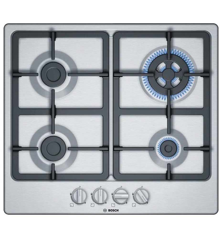 Bosch Serie 4 PGH6B5B90 Piano Cottura a gas: 4 Fuochi | 60 cm | Inox | Griglie in Ghisa