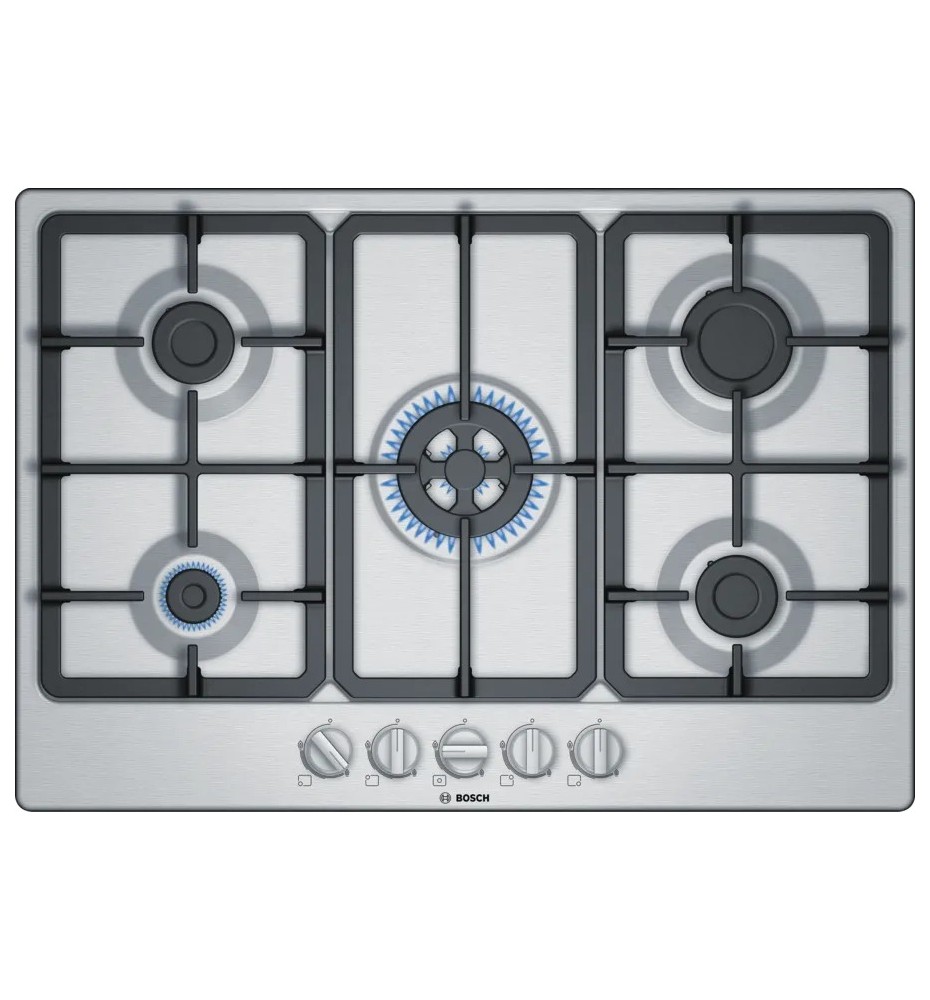 Bosch Serie 4 PGQ7B5B90 Piano Cottura a gas: 5 Fuochi | 75 cm | Inox | Griglie in Ghisa