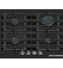 Bosch Serie 4 PNP6B6K40 Piano Cottura a gas: 4 Fuochi | 60 cm | Vetro Nero | Griglie in Ghisa