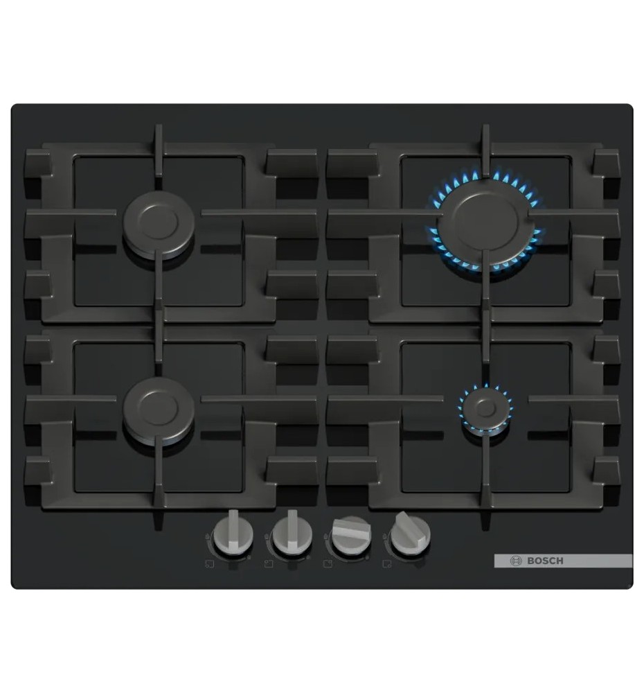 Bosch Serie 4 PNP6B6K40 Piano Cottura a gas: 4 Fuochi | 60 cm | Vetro Nero | Griglie in Ghisa