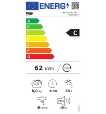 Beko MWUX81232BI/IT Lavatrice carica frontale: 8 Kg | Classe  C | 15 Programmi | 1200 Rpm | Steamcure